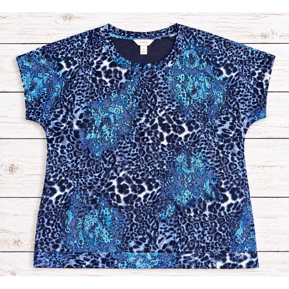 cj banks Top Blue Leopard Lace Overlay Short Sleeve Blouse Plus Size 1X